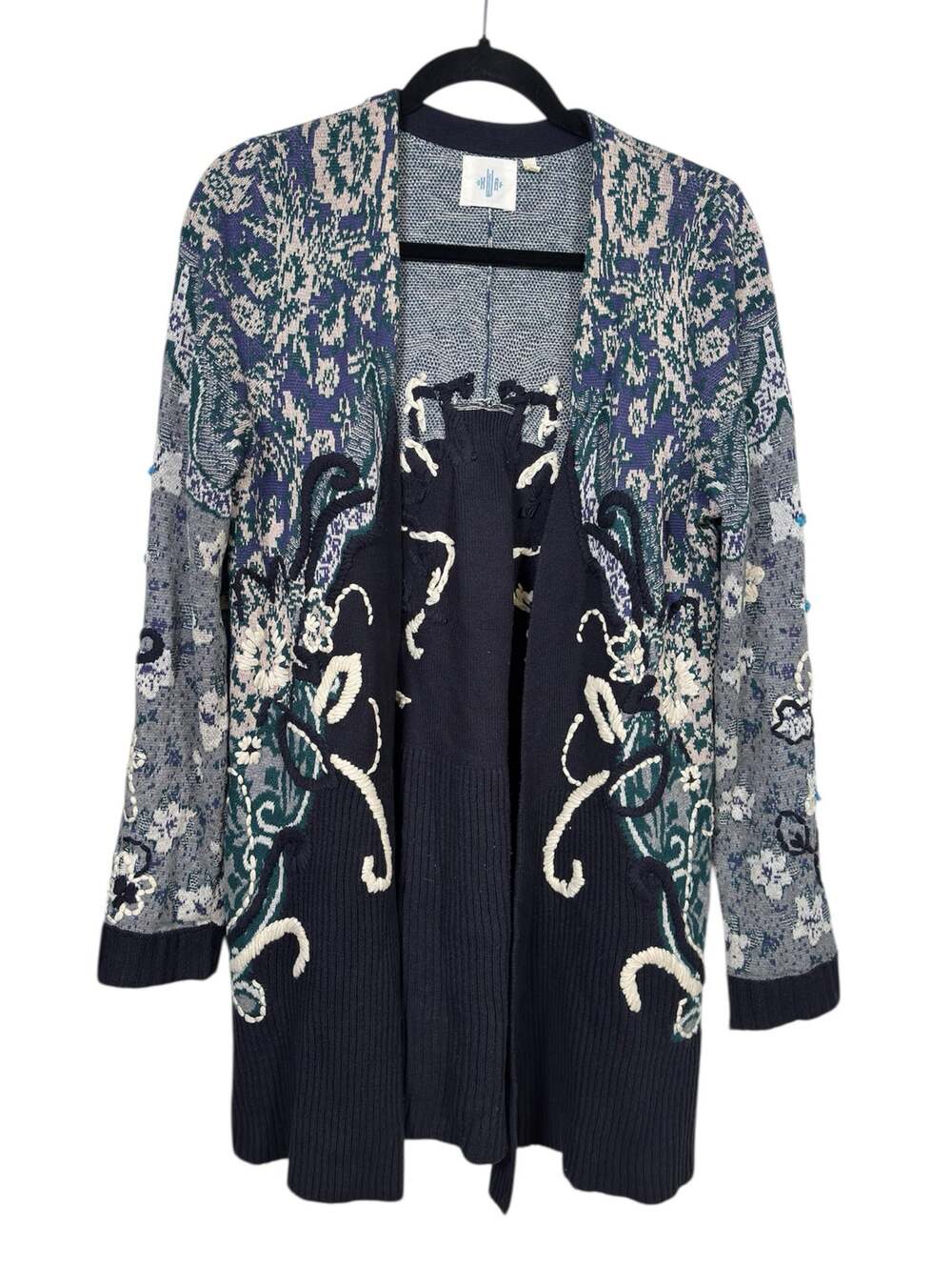 Anthropologie Cardigan Womens M Navy Blue Grey Floral Jacquard Open Monogram
